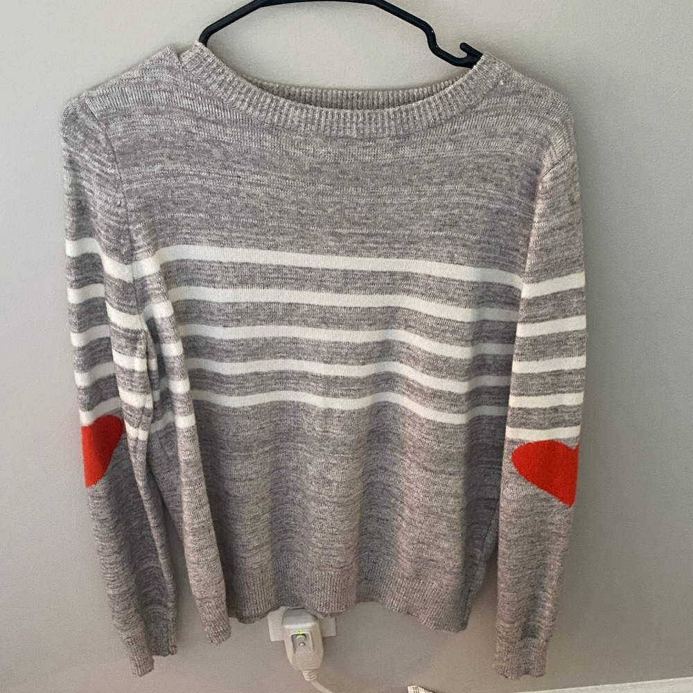 THML Gray and White Striped Sweater with Red Heart Accents